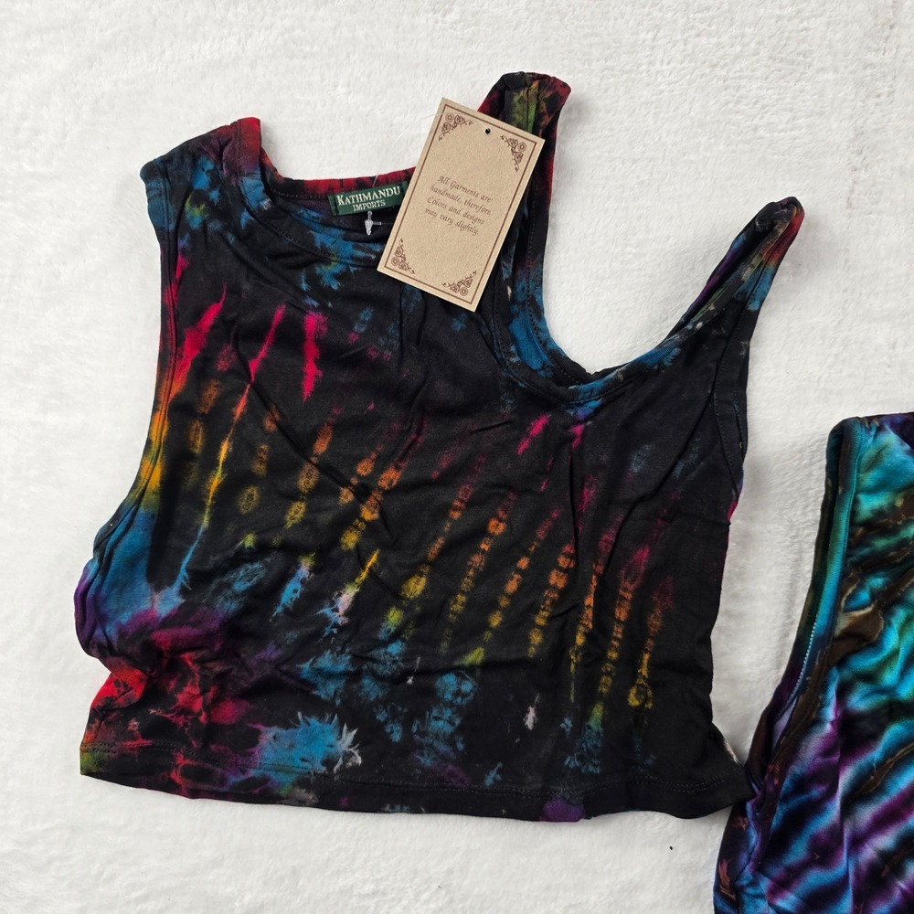 Kathmandu Imports Black Rainbow Tie Dye Asymmetrical Cut Out Crop Top NWT